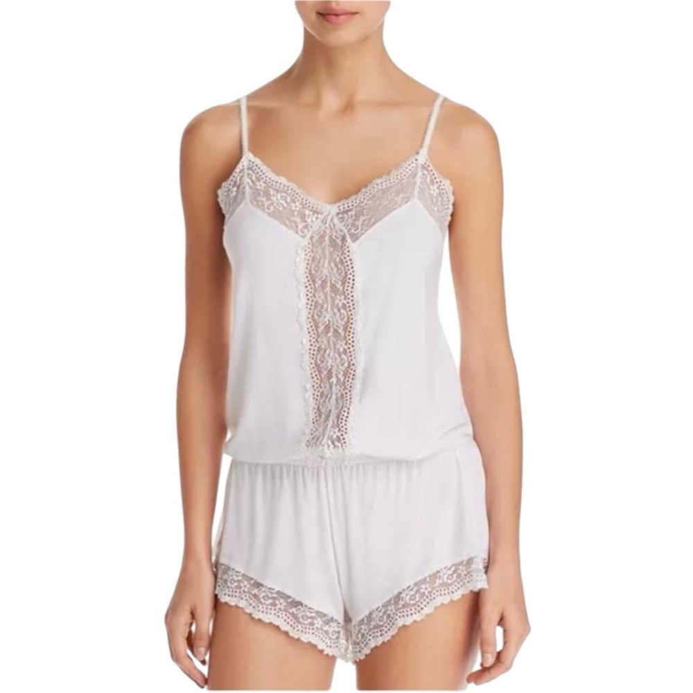 Eberjey Colette Dreamer Teddy White Lace Trim Romper Sleepwear Size L